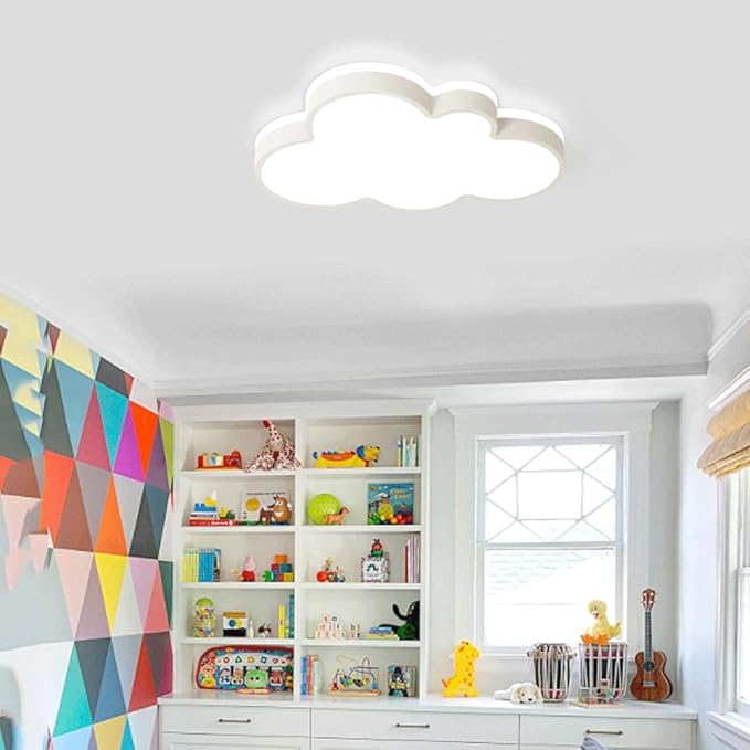 Cute Cloud LED Ceiling Light Fixture, Blue & White Flush Mount Lamp, Modern Eye-Caring Lighting for Kids’ Bedroom, Nursery, Baby Room, Playroom Decor(White,68cm)