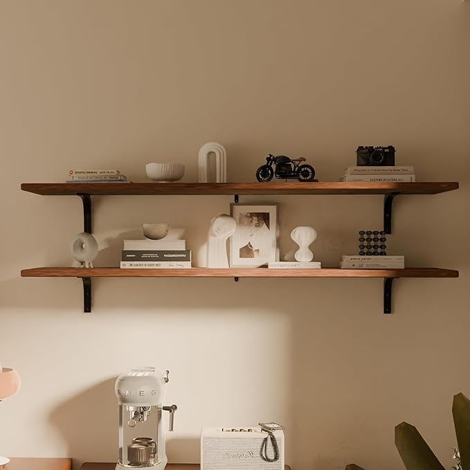 12x48 Inch Rustic Brown Wood Floating Shelves 2-Pack - Farmhouse Brown Wall Shelves with 100 lbs Capacity, Easy Installation for Living Room, Kitchen, Bathroom