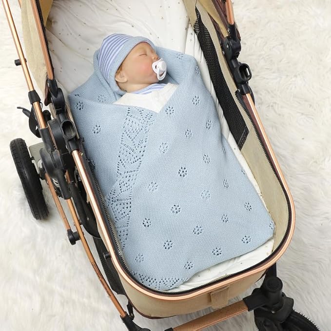 LAWKUL Cellular Blanket Baby 100% Cotton Knitted Soft Blankets Knit Crochet Newborn Swaddle Boy Girls Toddler Blue 100x80cm
