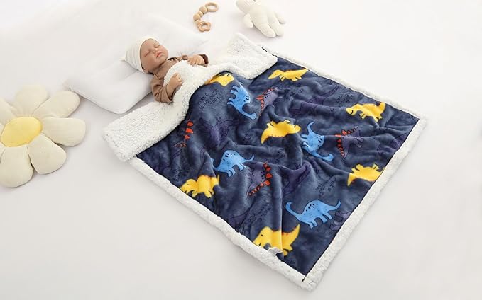 Flannel Baby Blanket Reversible Super Soft Blankets for Boys Girls Infant Newborn Sherpa Receiving Blankets for Crib Stroller Blue Dinosaur 30" x 40"