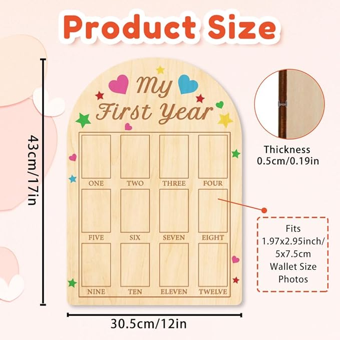 ORIGACH My First Year Baby Growth Photo Display Wood Board - 12 Months Newborn Milestones Photo Board - Neutral Baby Keepsake Frame 1st Birthday Party Nursery Decor New Mom Gift -Colorful Heart Star