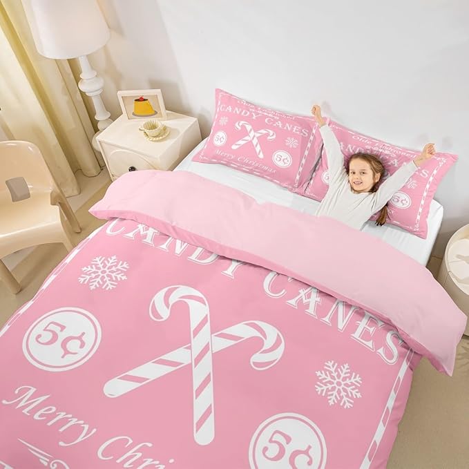 jejeloiu Christmas Bedding Set King Size Kids Christmas Quote Comforter Cover Set for Boys Girls Teens Candy Canes Print Duvet Cover Xmas Bedspread Cover Room Decorations Pink White Quilt Cover