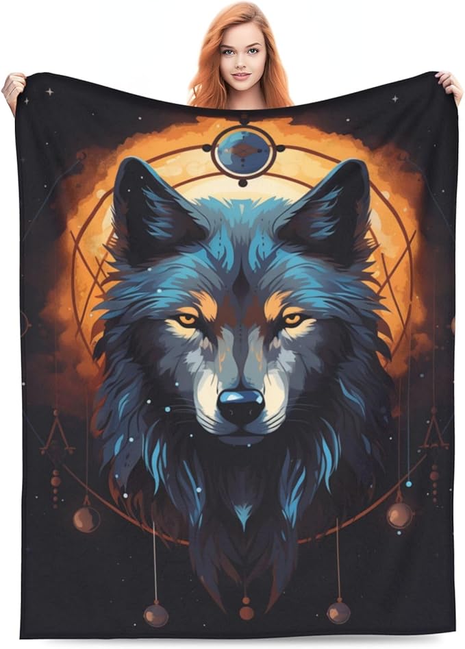 Cartoon Wolf Dream Catcher Blanket Gifts Moon Wolves Flannel Throw Blankets for Home Decor Couch Bed Sofa Soft Fuzzy Lightweight for All Season 50x40 Inches