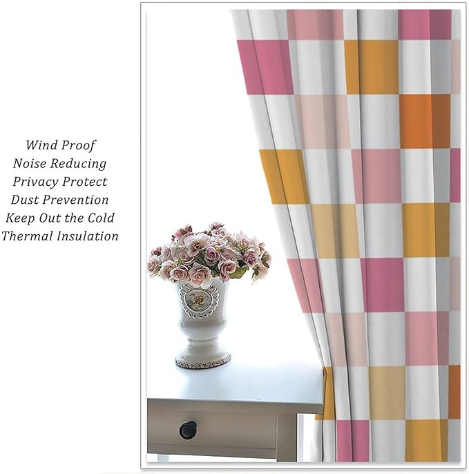 Pink Checkered Curtains,70s Vintage Twisted Checkered Window Drapes Colorful Groovy Trendy Wavy Hippie Grid Print Window Treatments for Kids Girls Bedroom Living Room 63" W X 72" L