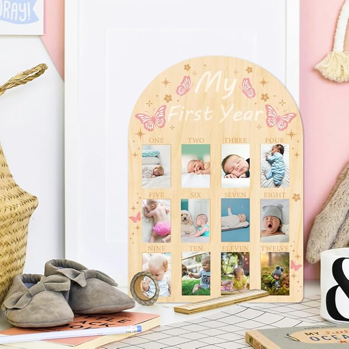 ORIGACH My First Year Baby Growth Photo Display Wood Board - 12 Months Newborn Milestones Picture Frame - Neutral Baby Keepsake Board 1st Birthday Party Nursery Decor New Mom Gift - Pink Butterfly