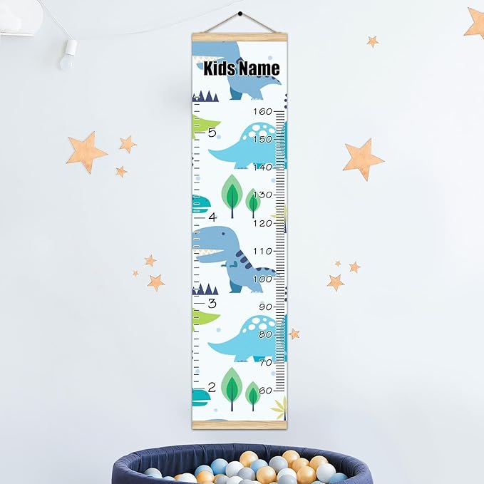 Personalized Kids Name Growth Chart Ruler for Wall Wood Frame Height Measure Chart 13.4x56 in Linen Hanging Height Growth Chart Cute Dinosaur Kids Room Decor