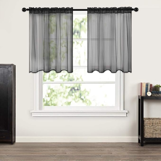 MIULEE 2 Panels Kitchen Tiers Half Window Sheer Halloween Curtains-Rod Pocket Voile Drapes for Kitchen Bathroom-Small Windows 29 by 36 Inch Black
