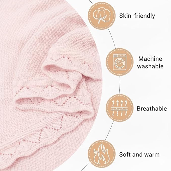 Baby Knit Blanket Soft Breathable Cotton Scallop Border Blankets Newborn Knitted Blanket Swaddle Blankets Gifts for Baby Newborn Toddler Shower Boy Girl New Mom Birthday Christmas Pink 30x40