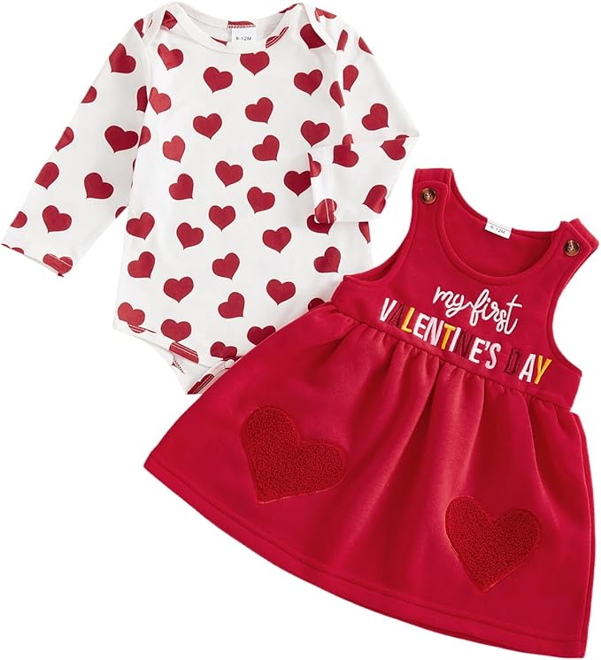 FIOMVA My First Valentines Day Outfit Clothes Baby Girl Romper Love Onesie Heart Embroidery Overalls Suspender Dress Set