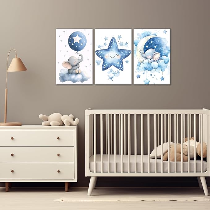 Nursery Canvas Wall Art Elephant Pictures Wall Decor Moon and Stars Painting Baby Boy Prints Cute Animal Poster Artwork for Kids Room Bathroom Decor Framed(Baby-1,20L x 28W x 3Pcs)