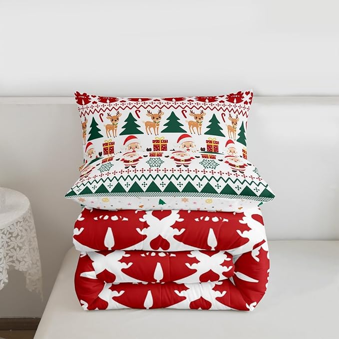 Feelyou Merry Christmas Kids Comforter Set Twin Size Santa Claus Bedding Set Cute Deer Duvet Quilt for Kids Boys Girls Bedroom Snowflake Decor Microfiber Ultra Soft Breathable