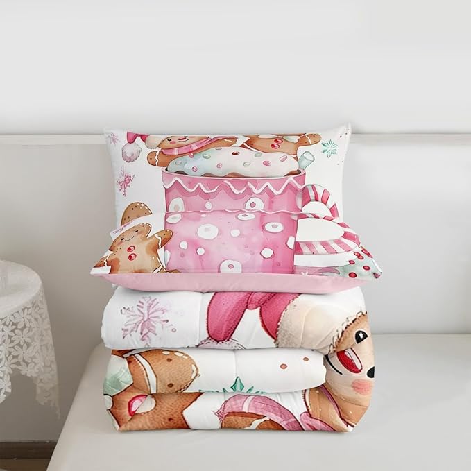 Feelyou Christmas Bedding Set Soft for Boys Girls, Pink Gingerbread Comforter Set Full Size Christmas Decor Duvet Quilt Microfiber Xmas Bedroom Decor 3 Pcs with 2 Pillow Cases