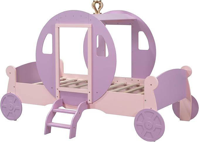 Twin Size Princess Carriage Bed Frame for Boys Girls Kids Toddler with Crown, Wood Platform Car Bed with Stair, Purple+Pink