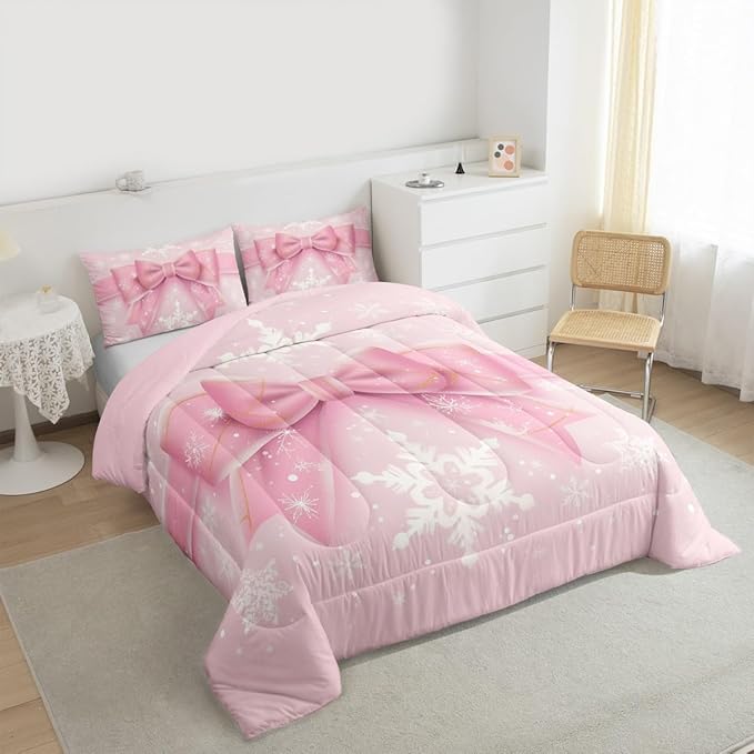 Feelyou Pink Bow Comforter Set All Season Coquette Bow Knot Bedding Set with 2 Pillow Cases Xmas Snowflake Kids Queen Bedclothes Cute Dreamy Princess Style Decor Christmas Duvet Quilt Soft