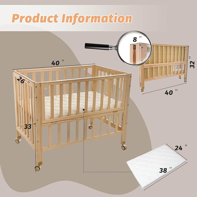 Folding Wood Bedside Bassinet - Portable 4-in-1 Baby Bassinet with Breathable Mattress,3 Heights Baby Crib with Wheels,Mini Crib for Infant Newborn and Small Space,Unpainted