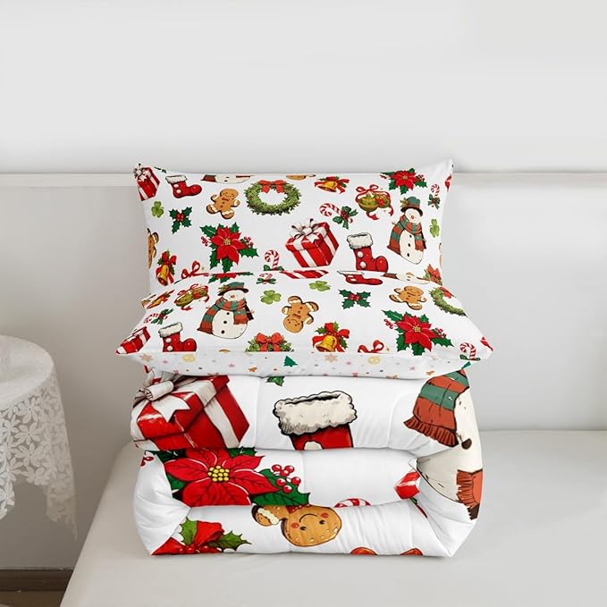 jejeloiu Merry Christmas Comforter Set Toddler Size Cute Snowman Bedding Set for Kids Boys Girls Gingerbread Man Duvet Quilt White Bedroom Decor