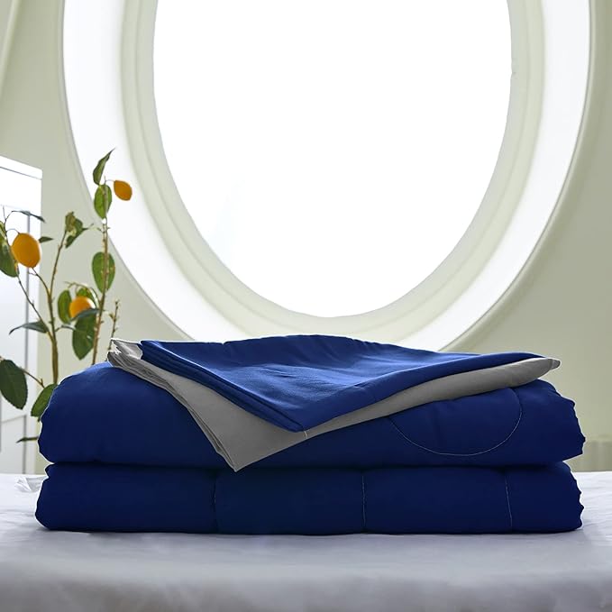4 Pieces Toddler Bedding Set Ultra Soft and Breathable Toddler Comforter Sheet Set for Autumu and Winter- Includes Warm Comforter, Flat Sheet, Fitted Sheet and Pillowcase - Royal Blue & Gray