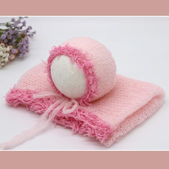 Vemonllas Newborn Infant Baby Boys Girls Photography Props Mohair Lace Hat and Wrap Blanket Cloth (Light Pink)