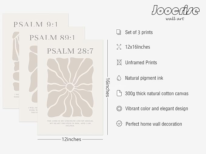 Joocrise Scripture Christian Wall Art Set of 3 Beige Bible Verses Wall Decor Neutral Psalm Canvas Wall Art Modern Pictures Flower Prints Christian Artwork for Living Room Bedroom 12x16 Inch Unframed