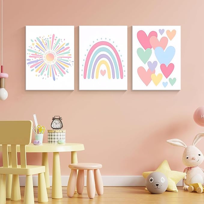 Dytial 3 Piece Toddler Girl Room Decor, Rainbow Wall Decor for Girls Bedroom, Colorful Boho Sunshine Paintings for Nursery Decor, Kids Room Wall Decor, Classroom Decoration 16x24 Inch