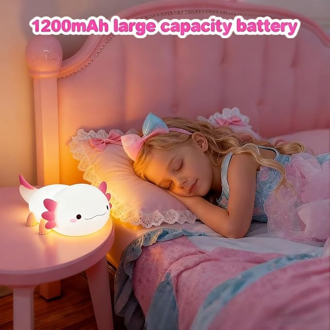 Cute Axolotl Night Light for Kids Bedroom, Animal Silicone Nursery Night Lamp Touch Control Nightlights USB Rechargeable Bedside Lamp for Baby Children Toddlers Girls Gift (pink Axolotl 1)