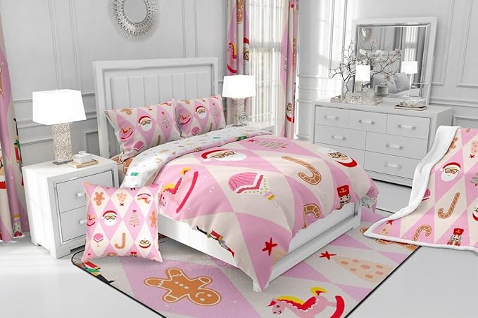 Feelyou Pink Christmas Kids Comforter Set King Size Santa Claus Bedding Set Xmas Tree Nutcracker Soldier Duvet Quilt for Kids Boys Girls Bedroom Gingerbread Man Decor Microfiber Ultra Soft Breathable