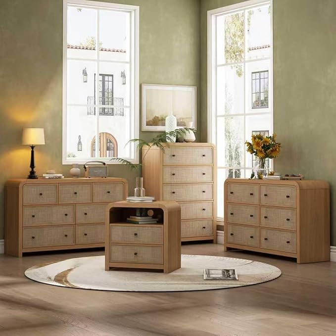Oak&Sparrow 6 Drawer Dresser for Bedroom, 49'' Rattan Dresser with Ample Storage, Boho Chest of Drawers, Thickened Curved Profile Design, Oak Dressers for Bedroom, Living Room
