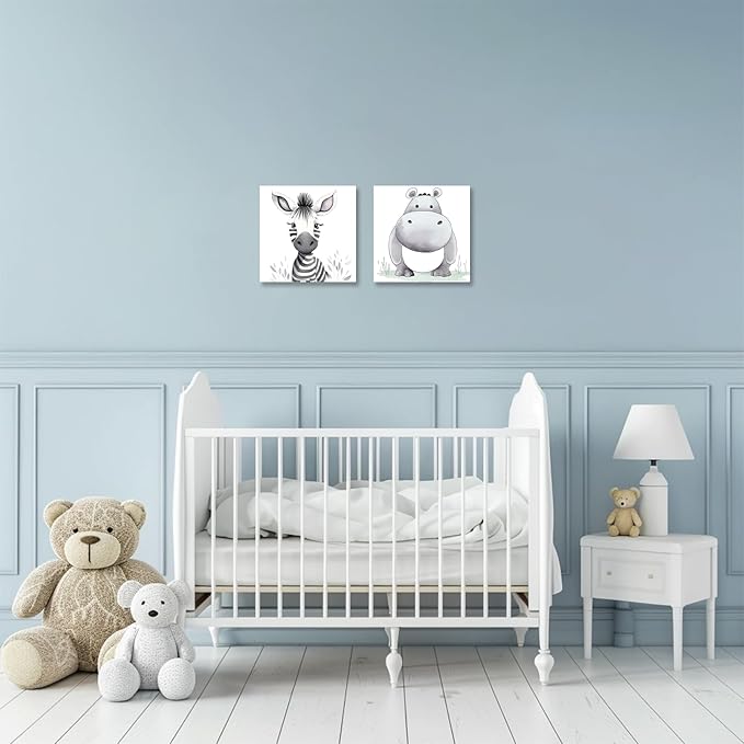 Baby Animal Framed Canvas Wall Art Set of 2 - Cute Baby Zebra Hippo Paintings Pictures Nursery Decor Wild Animals Posters Prints for Living Room Kids Room Decor(Artwork-01, 24"x24"x2P)