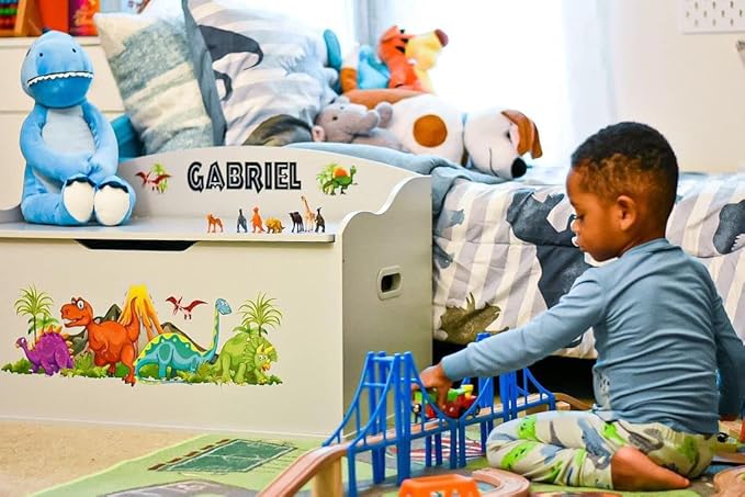 DIBSIES Personalized Creative Wonders Toy Box, Dinosaurs, 30 x 19.25 x 18 inches, Soft-Close Lid (White)