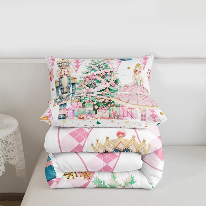 jejeloiu Christmas Nutcracker Comforter Set King Size Gingerbread Man Bedding Set for Kids Boys Girls Xmas Tree Duvet Quilt White Pink Bedroom Decor