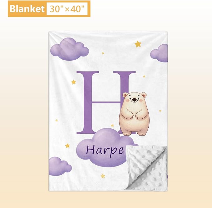 Custom Crib Bedding Set, 5 Pcs Personalized Nursery Bedding Sets with Name, Infant Bedding Set for Baby Girl Boy, Purple Polar Bear Double Layer Baby Crib Set, Toddlers Babies Customized Gifts