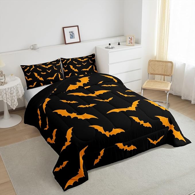 Erosebridal Bat Quilt Happy Halloween Decor Comforter Set Toddler Size for Kids Boys Youth Gothic Spooky Bedding Set Orange Bats Silhouette Duvet Insert with 1 Pillow Case