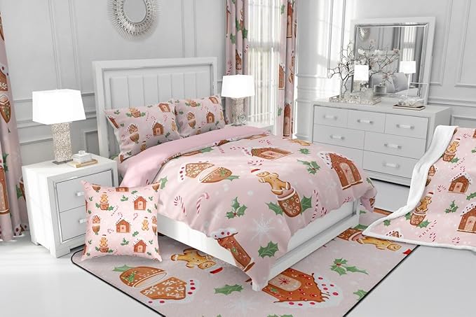 Feelyou Pink Christmas Comforter Set All Season Gingerbread Man Bedding Set with 1 Pillow Cases Christmas Pastry Microfiber Kids Toddler Bedclothes Candy Cane Bedroom Decor Duvet Quilt Breathable Soft
