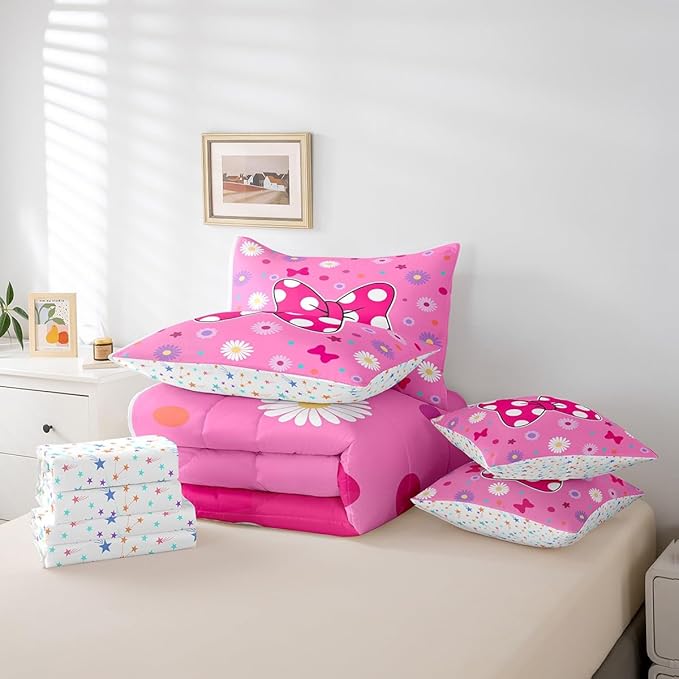 7 Pieces Pink Bowknot Kids Comforter Set Twin,Daisy Flowers Geometric Dot Patchwork Bedding Set,Bow Tie Cute Princess Dreamy Chic（Comforter+Fitted+Flat Sheet+2 Pillowcases+2 Throw Pillow Covers）