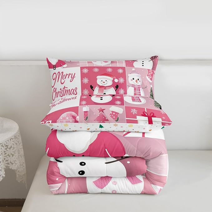 Xmas Bedding Set Full Size,Snowman Christmas Tree Snowflake Comforter Set for Kids Boys Girls Room Decor,Pink Plaid Patchwork Duvet Insert 3Pcs,Merry Christmas Cartoon Quilt Set,2 Pillowcases
