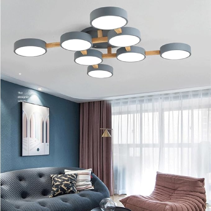 LED Flush Mount Ceiling Light Fixture with 3000K/4000K/6000K Temperatures Selectable,44Inch 96W Chandelier Modern Wood Ceiling Lamp for Bedroom Kitchen, 8-Lights Indoor Lighting Grey Pendant Light