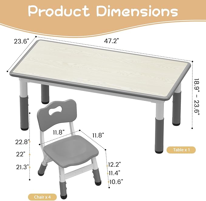 Kids Table and 4 Chairs Set, Height Adjustable Toddler Table and Chairs Set for Ages 2-10, Graffiti Desktop, Non-Slip Legs, Arts & Crafts Table, Children Activity Table for Daycare Classroom Home