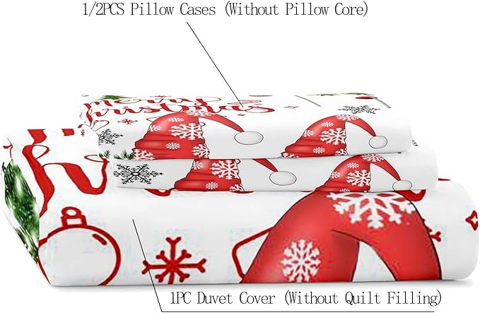 LUVIVIHOME 3PCS Christmas Gnome Duvet Cover Full, Christmas Bedding, White Duvet Cover, Holiday New Year Xmas Santa Swedish Tomte Snowflake Red Black Buffalo Plaid Comforter Quilt Cover 2 Pillow Shams