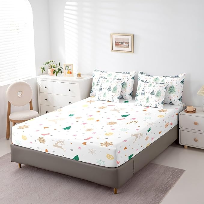 Feelyou Christmas Bed Set Xmas Tree Comforter Set with Sheets Snowflake Watercolor Blue Bed in a Bag for Kids Boys Girls Room Decor New Year Theme Bedding Set Bedroom Collection King Size