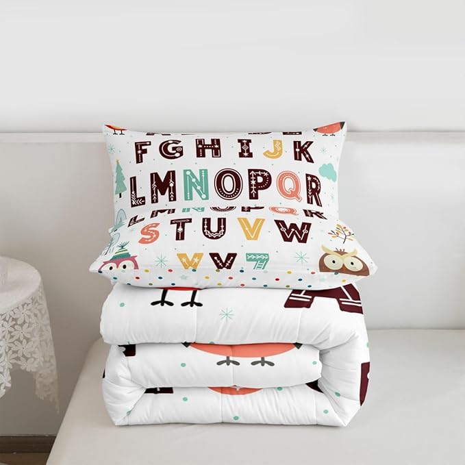 Feelyou Alphabet Kids ABC Learning Comforter Set Twin Size Cartoon Owls Bedding Set for Kids Boys Girls Educational Nursery Art Duvet Quilt Wildlife Bedroom Decor Microfiber 2 Pcs with 1 Pillow Cases