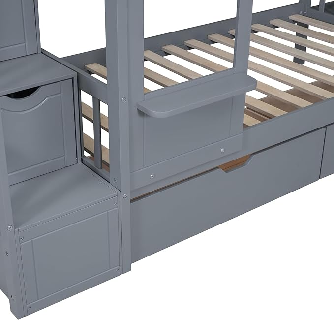 MERITLINE Twin Over Twin Castle Bunk Bed with Slide,Stairs and Drawers,Solid Wood Floor House Princess Bunk Bed with Storage Shelves (Grey)