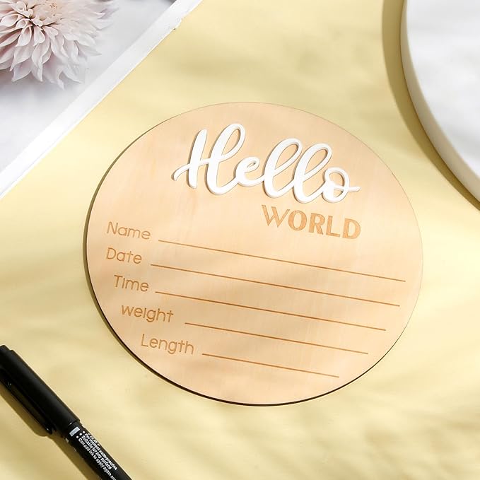 Wooden Hello World Newborn Sign - 5.9 Inch Birth Announcement Plaque for Photo Props, Baby Shower, Hospital Nursery