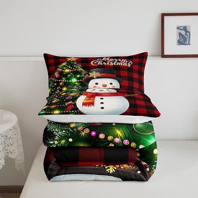 Manfei Christmas Comforter Set King Size, Snowman Christmas Tree Quilt Set with 2 Pillowcases, Red Plaid Grid Print Bedding Set 3pcs for Kids Boys Girls Room Decor