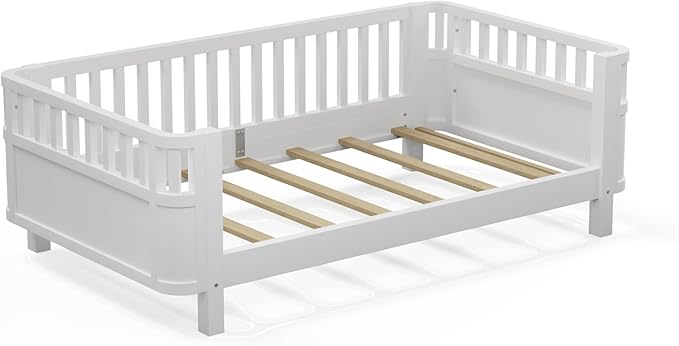 Twin Kids Floor Bed Frame with Rails, Wood Low Montessori Platform Bed with Slats Support, Modern Daybed with Detachable Side Rails, Kids Beds for Boys Girls Bedroom, White