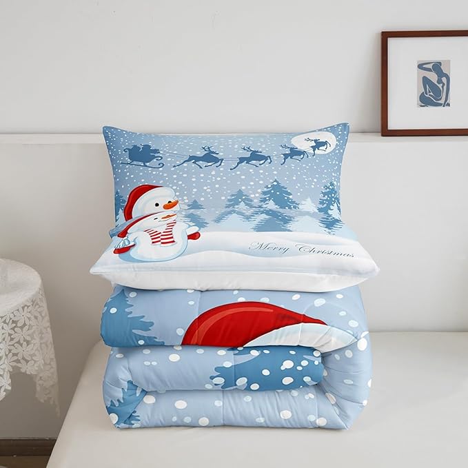 Manfei Snowman Comforter Set Queen Size, Xmas Deer Trees Print Quilt Set with 2 Pillowcases, Winter Snowflake Merry Christmas Bedding Set 3pcs for Kids Boys Girls Bedroom Decor