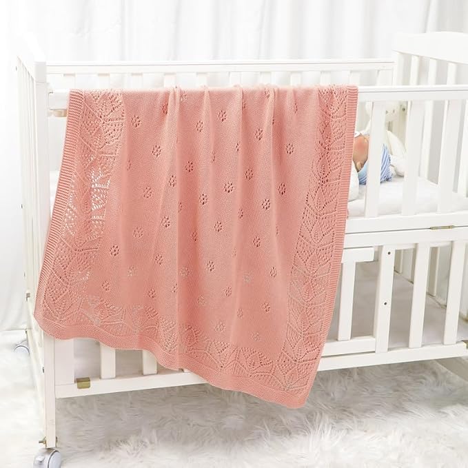 LAWKUL Blanket Baby Cellular 100% Cotton Knitted Soft Knit Crochet Blankets for Newborn Boy Girls Toddler Pink 100x80cm