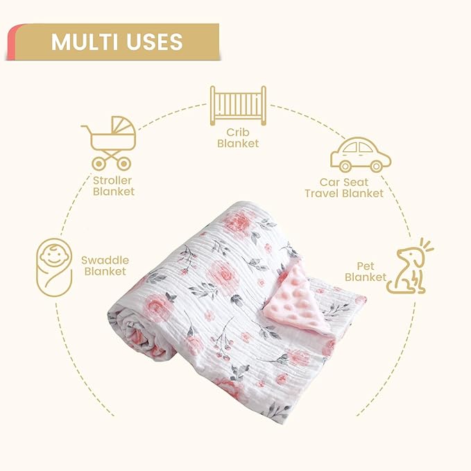 david's kids Muslin Minky Baby Blanket for Girls with Muslin Cotton Front and Dotted Fleece Backing, Breathable and Soft Lightweight Receiving Blanket for Newborns, 40x50 Inches, Floral