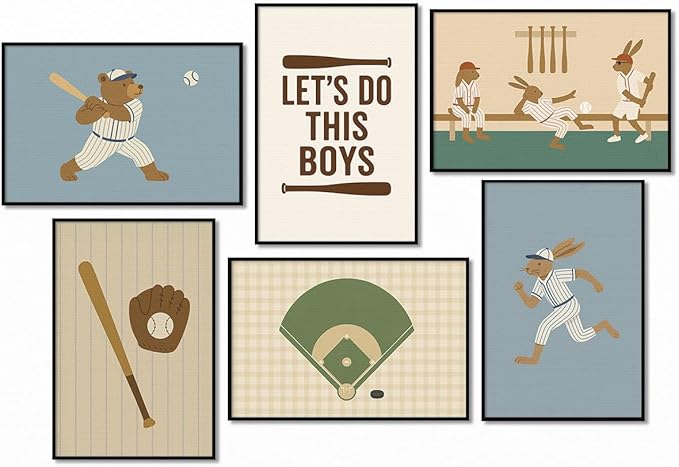 Baseball Poster Canvas, Baby Boy Sports Nursery Wall Art, Cute Animal Rabbit Bear Athletes Pictures, Let's Do This Boys Charming Quote Print, Kids Bedroom Baseball Field Art 16x24in Wrapped Canvas