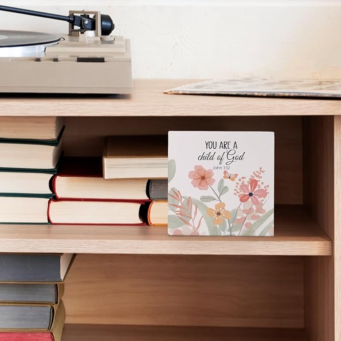 Christian Bible Verse Boho Nursery Decor, Christian Religious Decor Gift, You Are A Child of God Quote Motivational Wooden Box Block Sign Decor for Home Desk Shelf,5x5