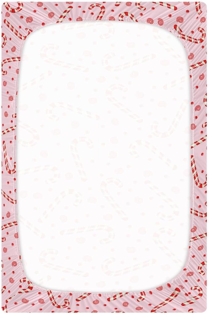 Candy Cane Christmas Pink Crib Sheets Soft Breathable Fitted Baby Crib Sheets Mattress Cover for Girl Boys, 52" x 28" x 9"